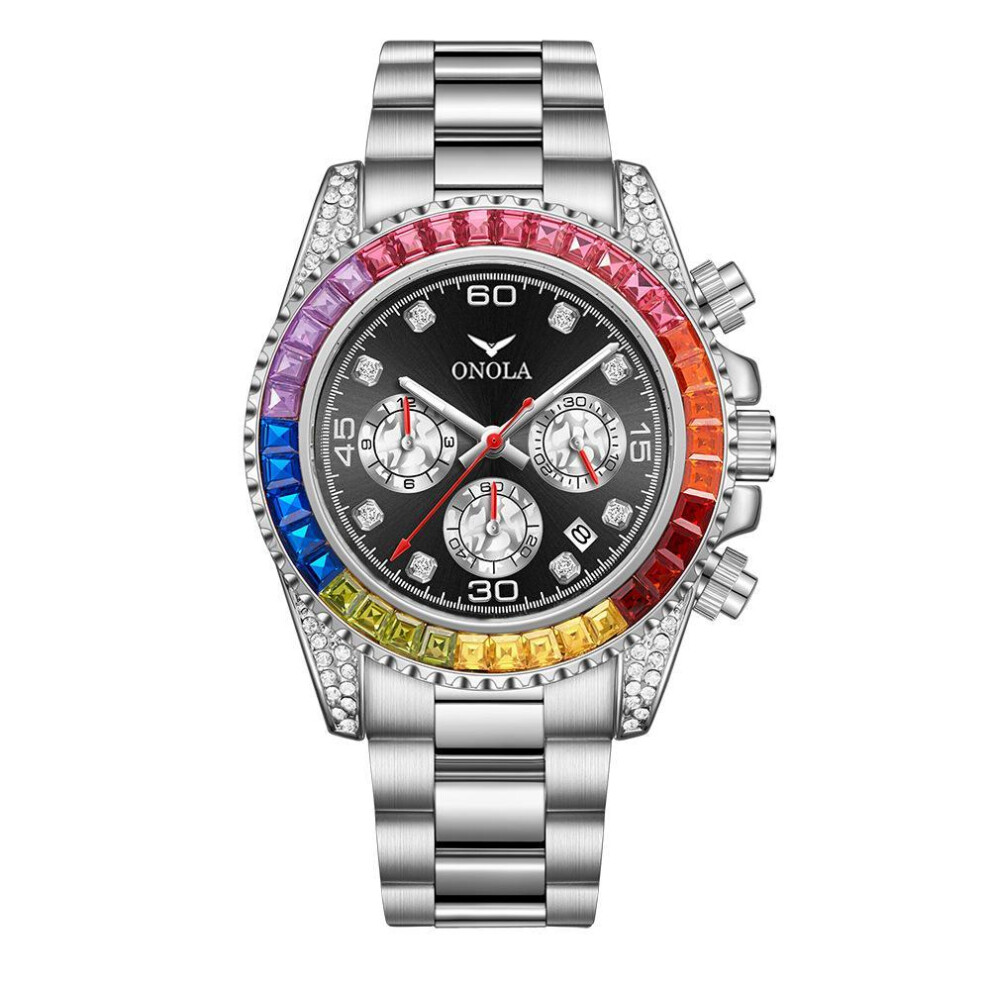 (silver,black) Fashion Rose Gold Business Men&apos;s Watch Rainbow Diamond Watch Ring Waterproof Solid Stainless Steel Strap Men Quartz Watch Chronograph