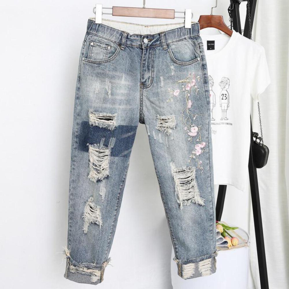 (blue, L) Womens Jeans Denim Loose Slim Fitted Vintage Blue Harem Pants Plus Size Jeans Embroidered