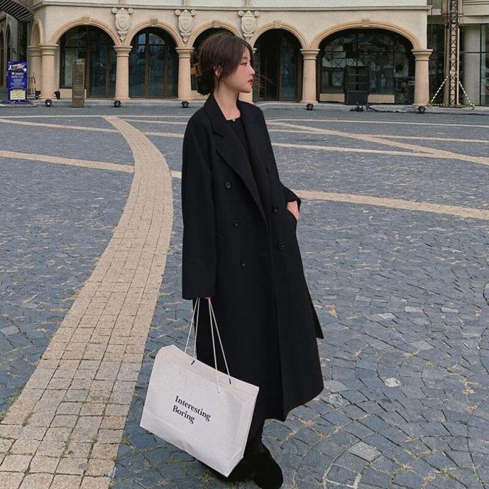 (black, S) Autumn Winter Single-breasted Woolen Coat Vintage Female Long Korean Fashion Long Jackets Casual Street Lady Outwears