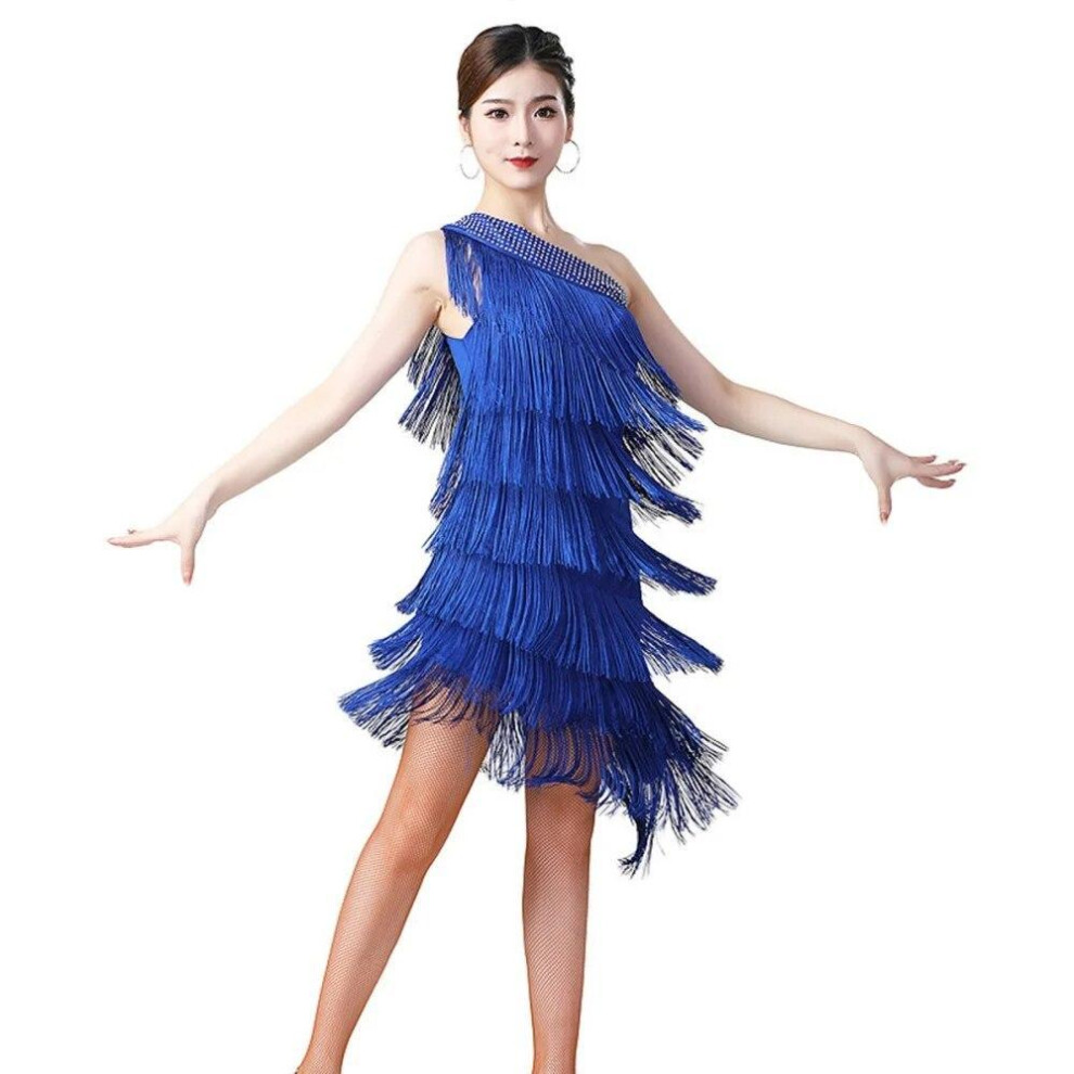 (blue, One Size) Women Sequin Elegant One Shoulder Latin Dance Dress Adult Sexy Tassel Fringe Flapper Dress Ballroom Cocktail Dance Costume