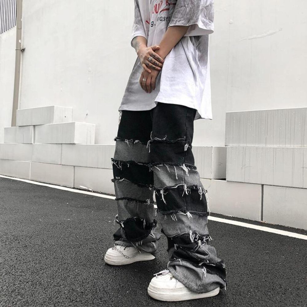 (black, S) Men&apos;s Oversized Vintage Patchwork Style Hip Hop Wide Leg Denim Pants Baggy Ripped Distressed Jeans Y2K Grunge For Men Streetwear