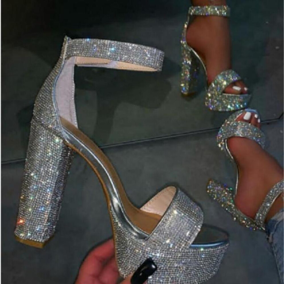(silver, 36) Fashion Silver Rhinestone Platform Sandals Summer Open Toe Ankle Strap Square High Heels Women Party Wedding Shoes