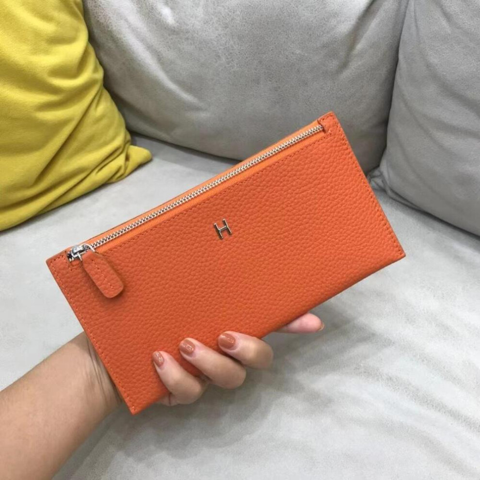 (orange) 2024 New Women Wallets Genuine Leather Cowhide Long Wallet Fashion Brand Design Phone Purse Zip Calfskin Clutch Bag Card Holder