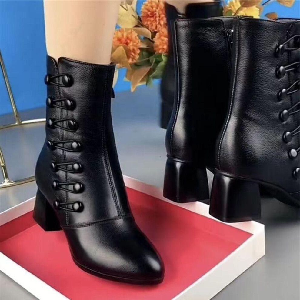 (black, 40) Women&apos;s Thick High Heeled Short Boots Soft Leather Plush Side Buttons Zip Martin Leather Boots