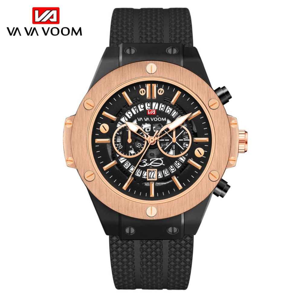 (rose gold,black, NO Packaging) Va Va Voom Creative Hollow Perspective Window Calendar Fashion Student Watch Silicone Waterproof Men&apos;s Sports Quartz Watch