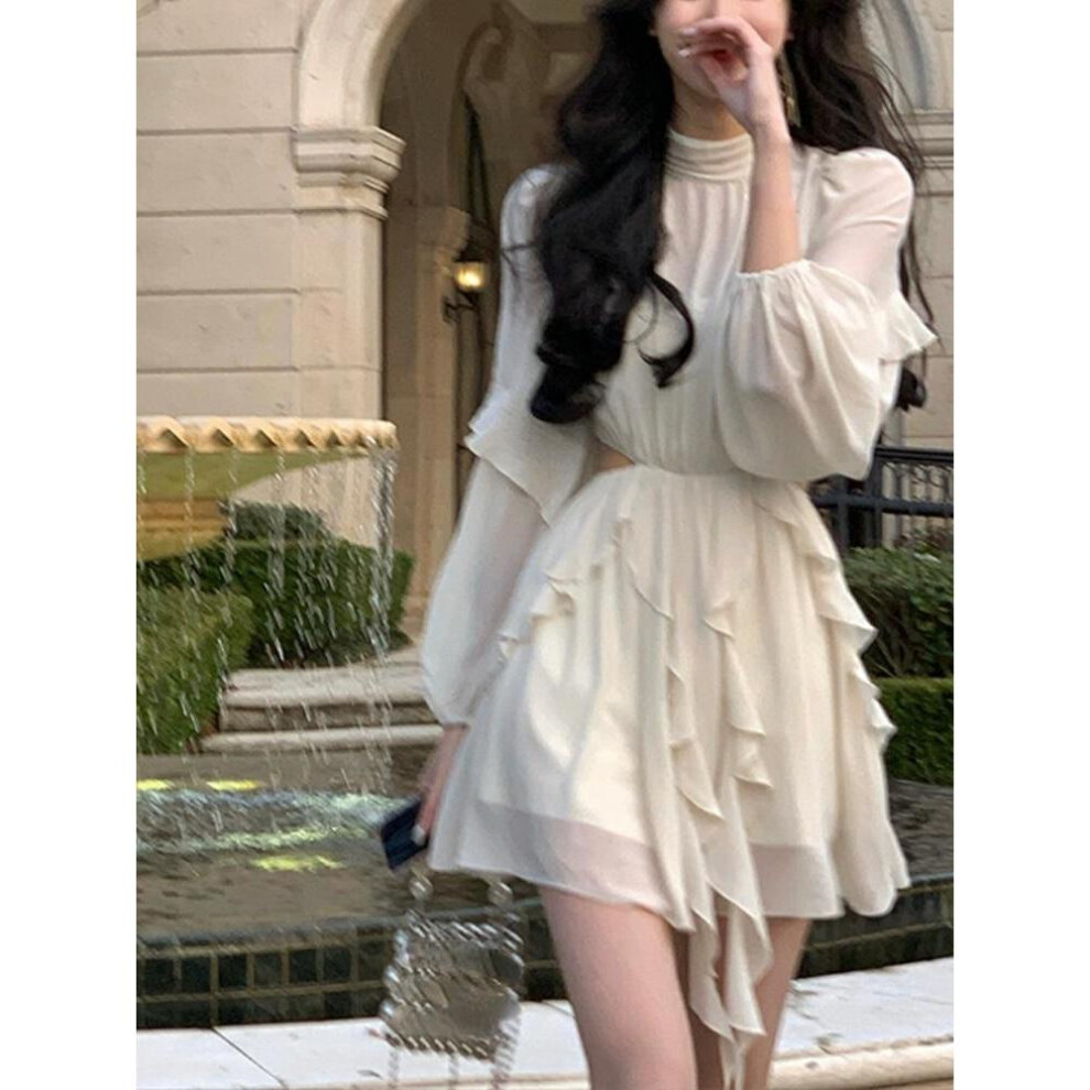 (white, L) Beach Style Chiffon Y2k Mini Dress Office Lady Casual Long Sleeve Elegant One Piece Dress Korean Fashion Clothing Summer 2024