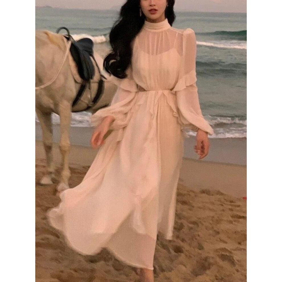 (as the picture, M) Beach Style Chiffon Y2k Mini Dress Office Lady Casual Long Sleeve Elegant One Piece Dress Korean Fashion Clothing Summer 2024