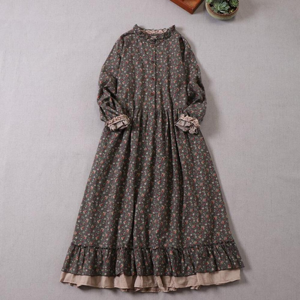 (grey, One Size) Mori Girl Autumn Spring Women Loose Long Dress Ruffled Collar Floral Cottagecore Dress Vintage Cotton Ruffles Elegant Chic Dress