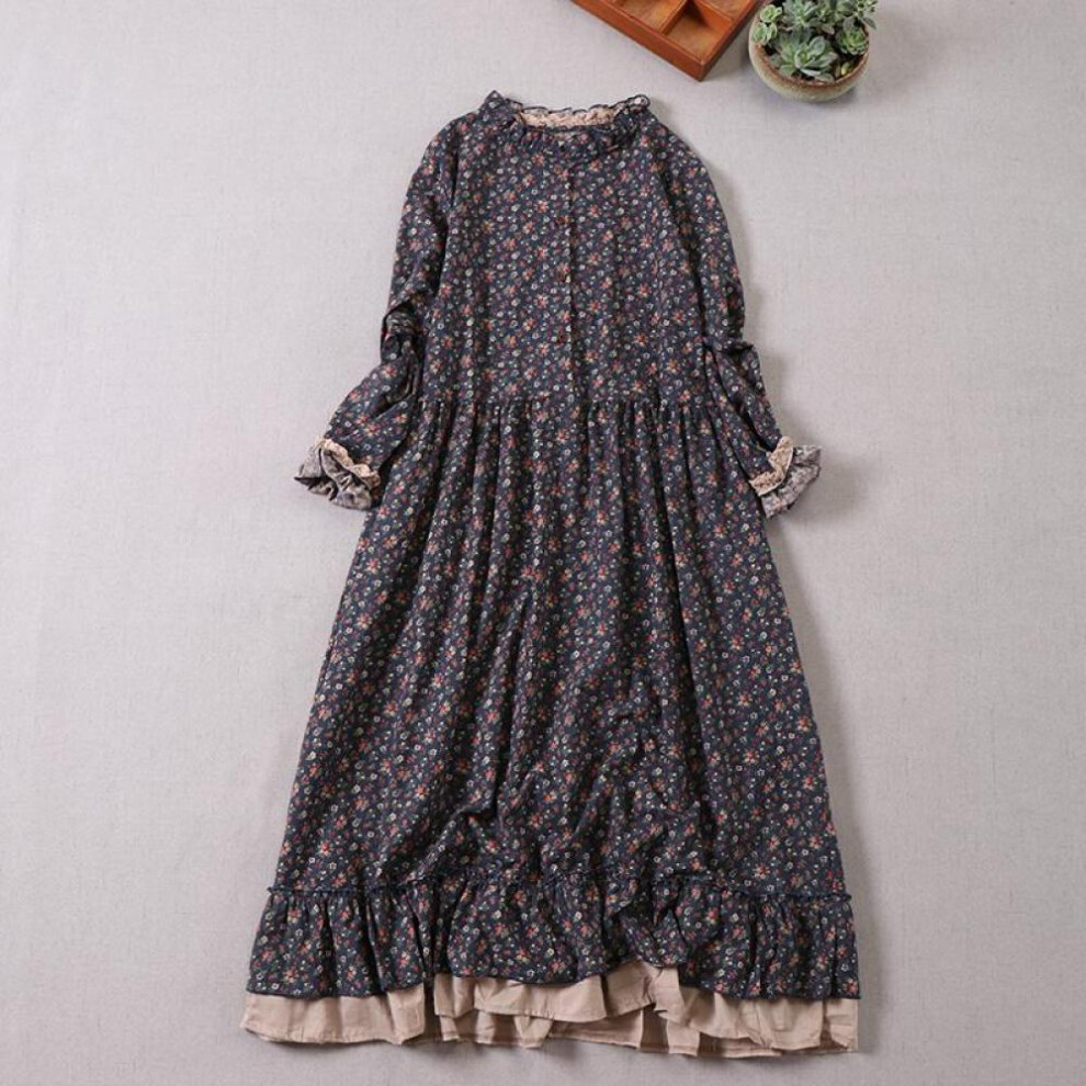 (blue, One Size) Mori Girl Autumn Spring Women Loose Long Dress Ruffled Collar Floral Cottagecore Dress Vintage Cotton Ruffles Elegant Chic Dress