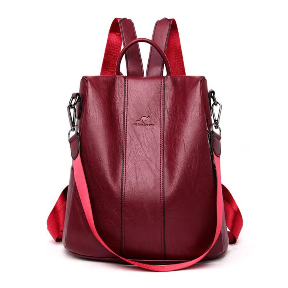 (red) Anti-theft Leather Backpack Women Vintage Shoulder Bag Ladies High Capacity Travel Backpack School Bags Girls