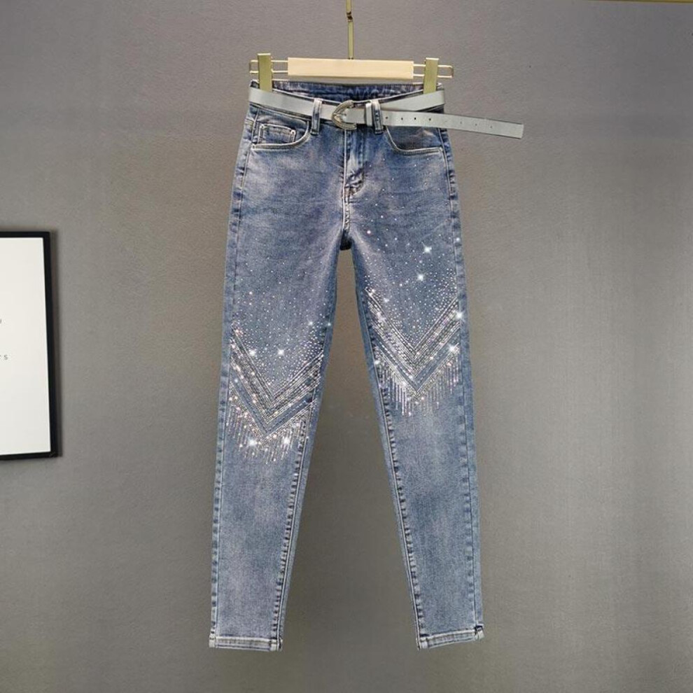 (blue, M) Women Rhinestone Skinny Jeans Autumn  Casual High Waist Thin Nine Pants