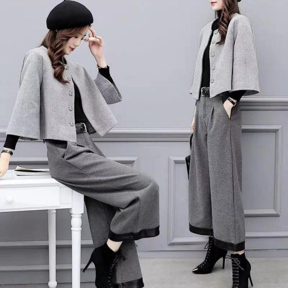 (grey, XL) Women&apos;s  Plus Size Two-piece Trousers Woolen Short Coat Wide-leg Pants Casual Fashion Suit Female Trend