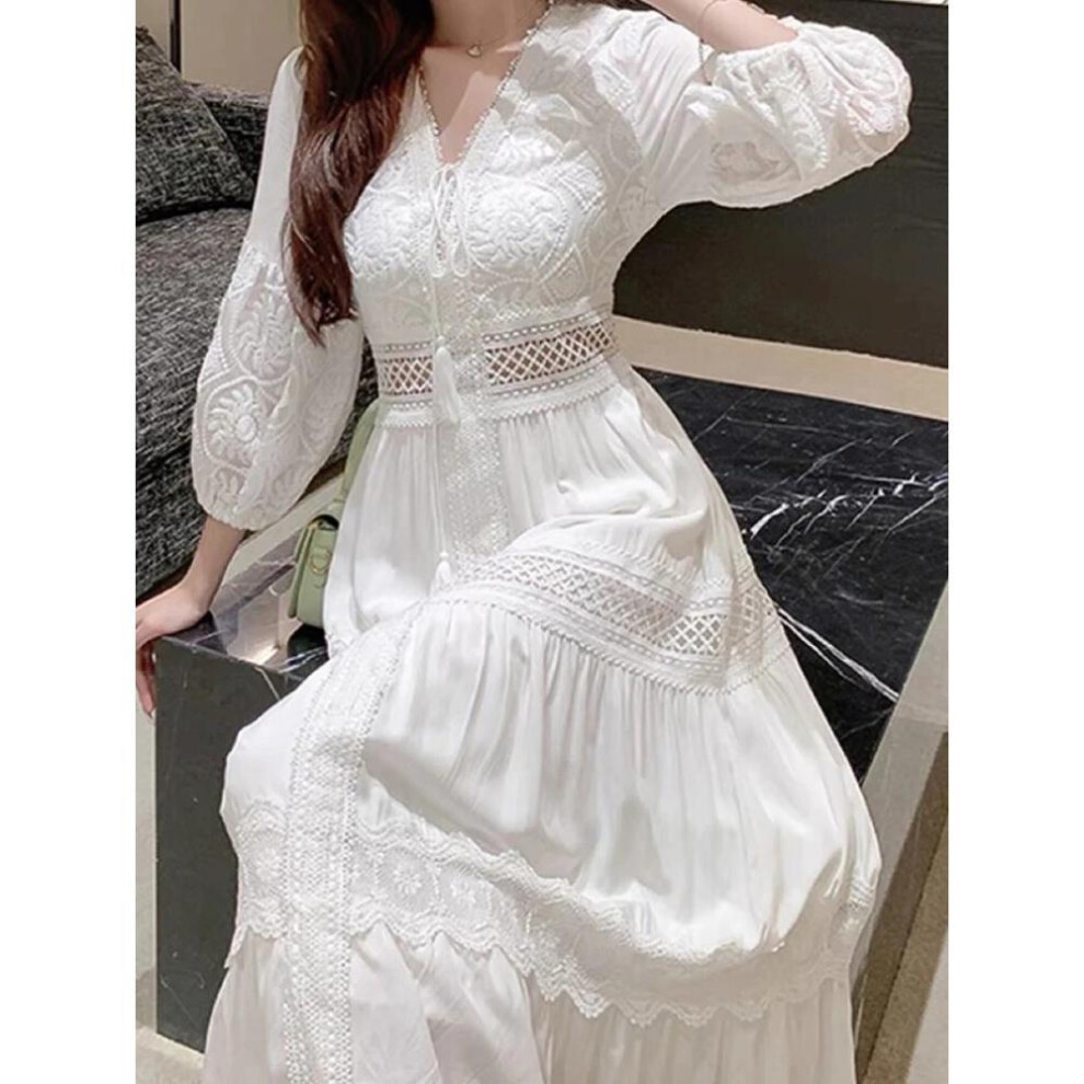 (white, XXL) White Long Dress Women Summer Boho Lace Dresses Female Beach Holiday Hollow Out Dress Ladies Elegant Vintage Loose Vestidos