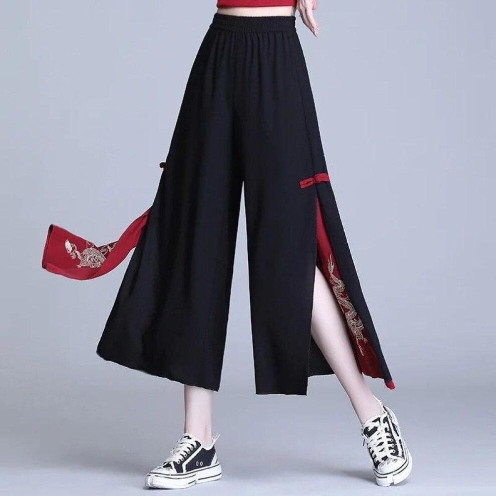 (black, S) Women&apos;s Pants Chinese Style Harajuku Hippie Ethnic Loose Black Embroidery Aesthetic Baggy Wide Leg Pants Kimonos Trousers Women