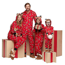 (5 6 Years, Kids) Family Matching Elk Printed Pyjamas Onesie Jumpsuit Xmas Hooded Sleepwear Adult Kids-mxbc