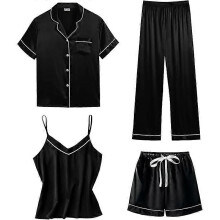 (S, Black) Womens 4pcs Pajamas Sets Silk Satin Sleepwear Sexy Pjs Loungewear