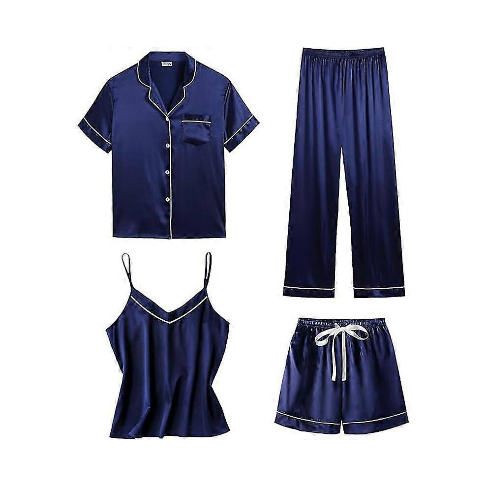 (M, Navy) Womens 4pcs Pajamas Sets Silk Satin Sleepwear Sexy Pjs Loungewear