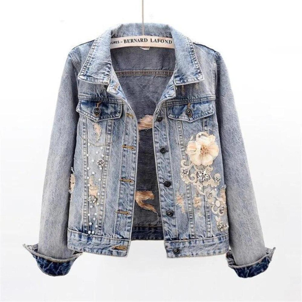 (blue, L) Spring Autumn Women's Denim Jacket Long Sleeve Overcoat Loose Three-dimensional Button Pearls Outwear Ripped Jeans Jackets