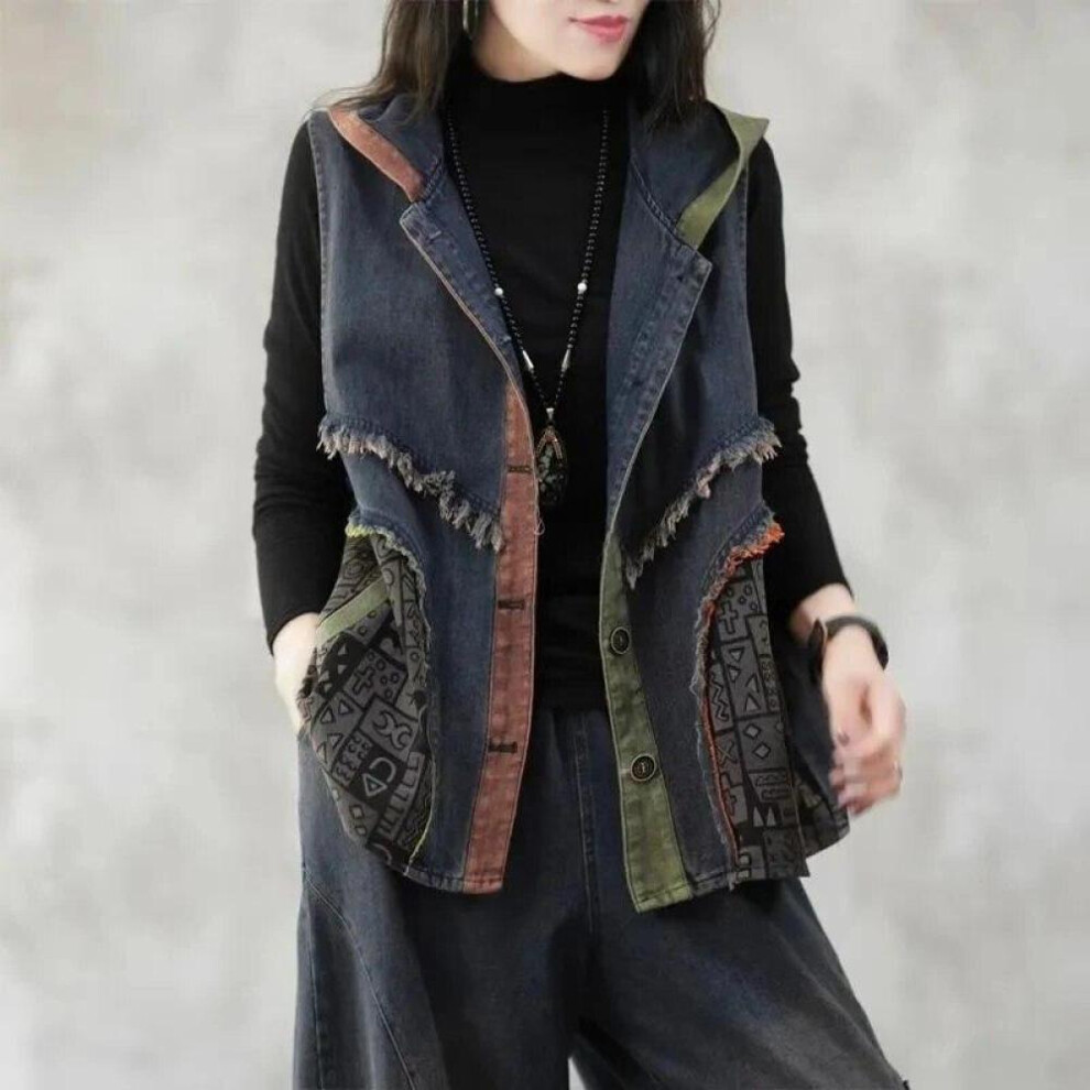 (blue, XXL) Contrasting Color Patchwork With Raw Edges Hooded Vest Women&apos;s  Loose Skinned Denim Waistcoat Casual Denim Vest Lady