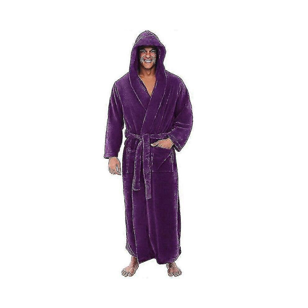 (XL, Purple) Flannel Male With Hooded, Thick Warm Gown Robe, Bathrobe Extra Long Kimono