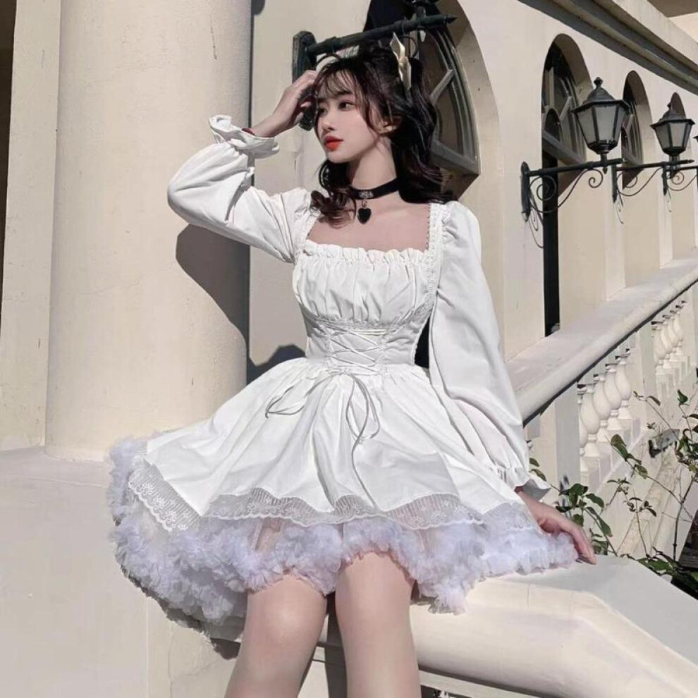 (white, M) White Lace Dress Women Korean Chic Skirt Hem Tied A-line Dress Pleated Long-sleeved Medium Skirt Black Sexy Gift Evening Dress Dress