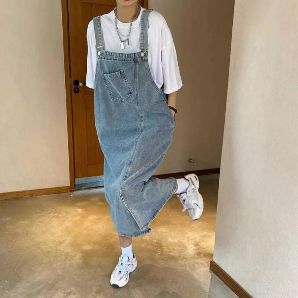 (as the picture, L) Plus Size Women Sping/summer Midi Denim Suspender Skirt Denim Pinafore Bib Pocket Overall Dress
