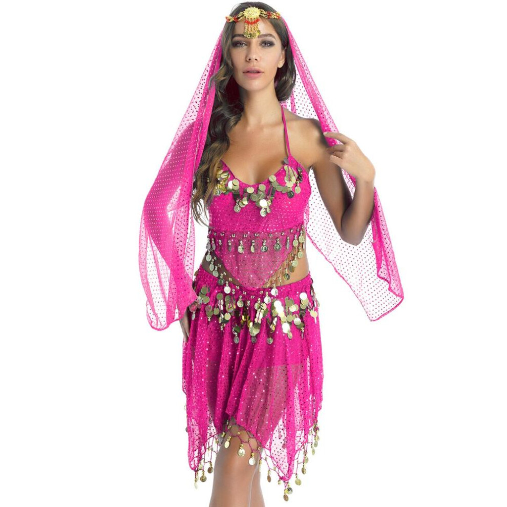 (hot pink) Women Sparkling Sequin Belly Dance Costume Tassels Outfits Halter Padded Bra Crop Top With Skirt Veil Headwear