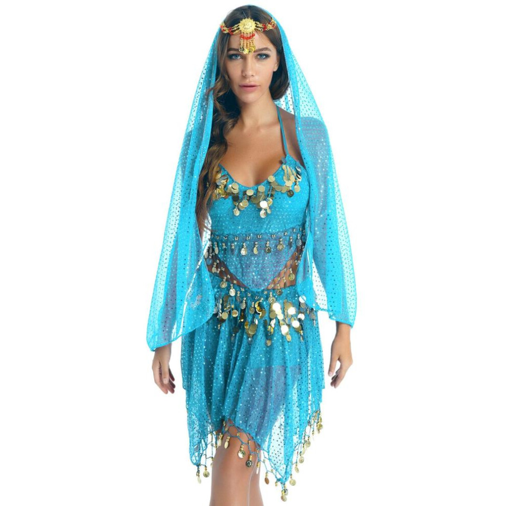 (sky blue) Women Sparkling Sequin Belly Dance Costume Tassels Outfits Halter Padded Bra Crop Top With Skirt Veil Headwear