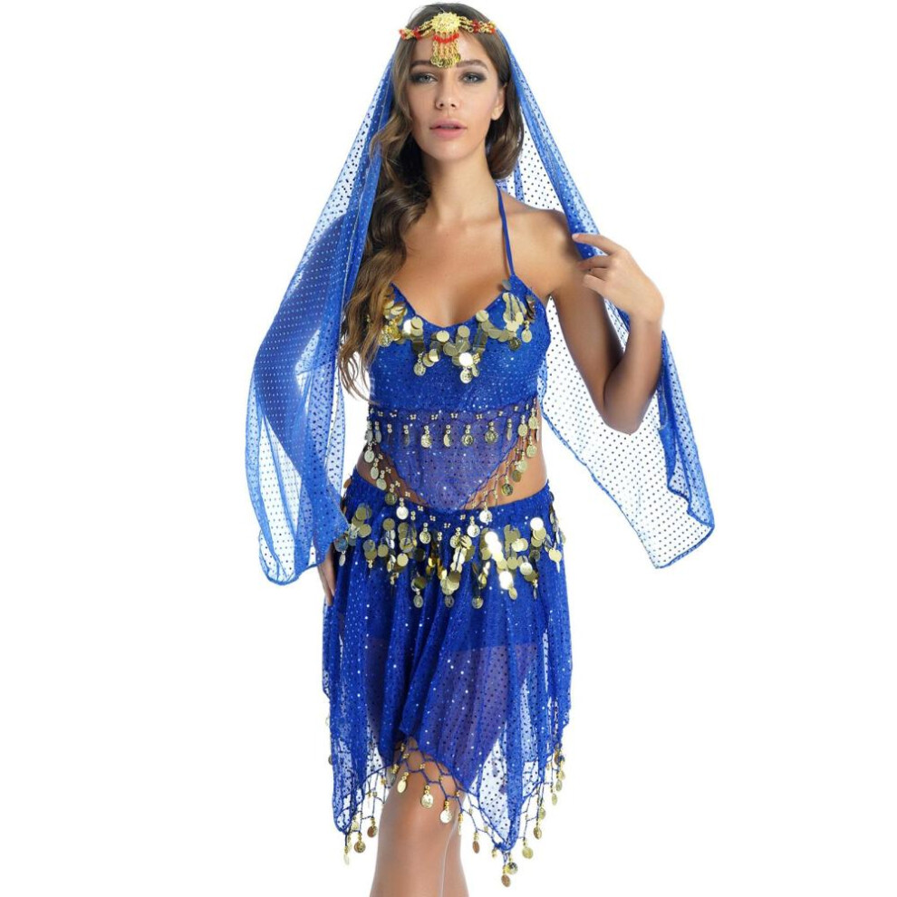 (blue) Women Sparkling Sequin Belly Dance Costume Tassels Outfits Halter Padded Bra Crop Top With Skirt Veil Headwear