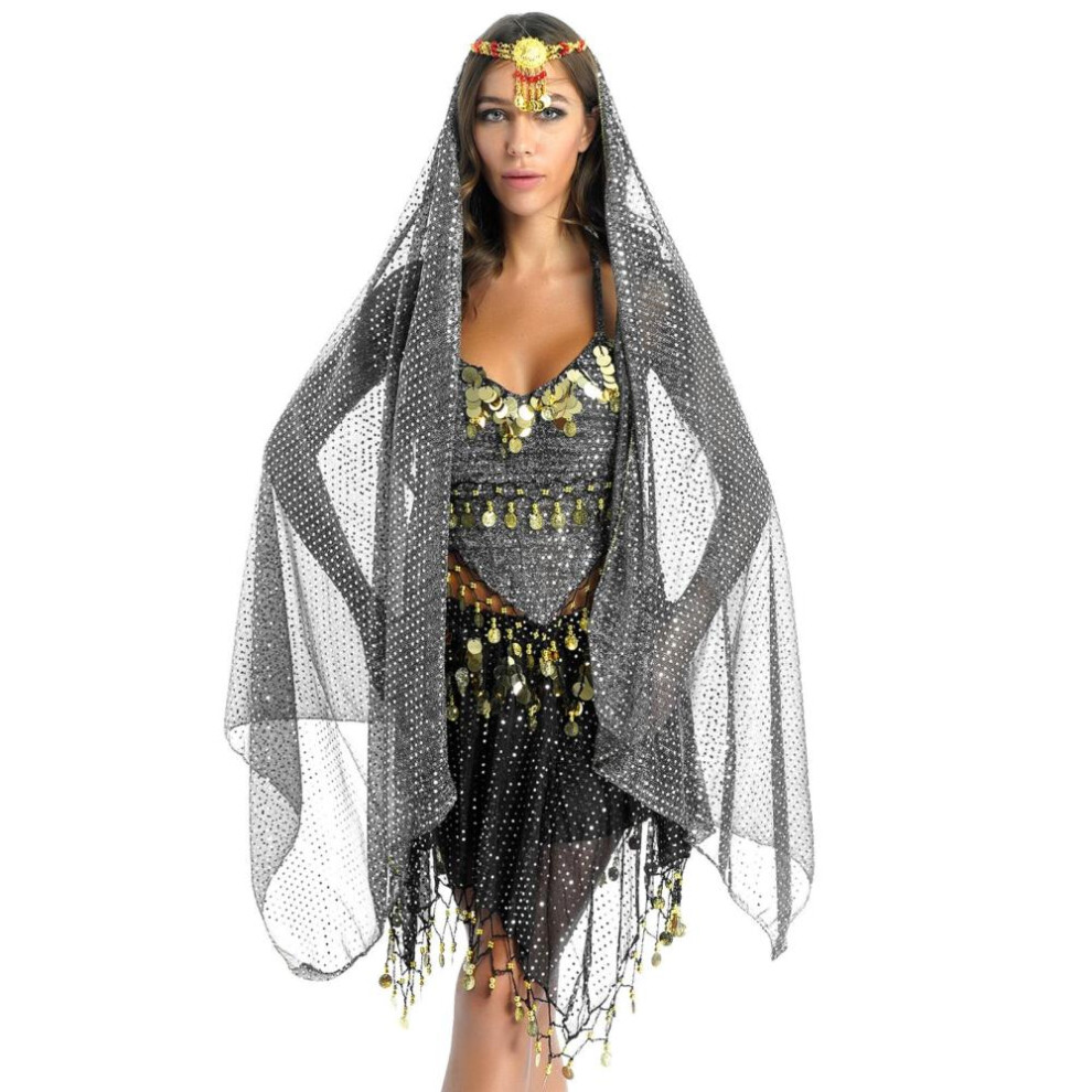 (black) Women Sparkling Sequin Belly Dance Costume Tassels Outfits Halter Padded Bra Crop Top With Skirt Veil Headwear