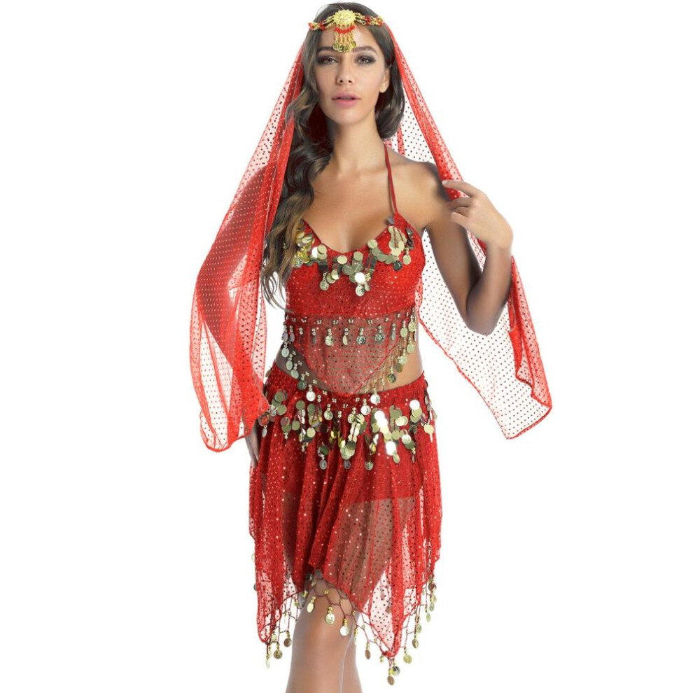 (red) Women Sparkling Sequin Belly Dance Costume Tassels Outfits Halter Padded Bra Crop Top With Skirt Veil Headwear