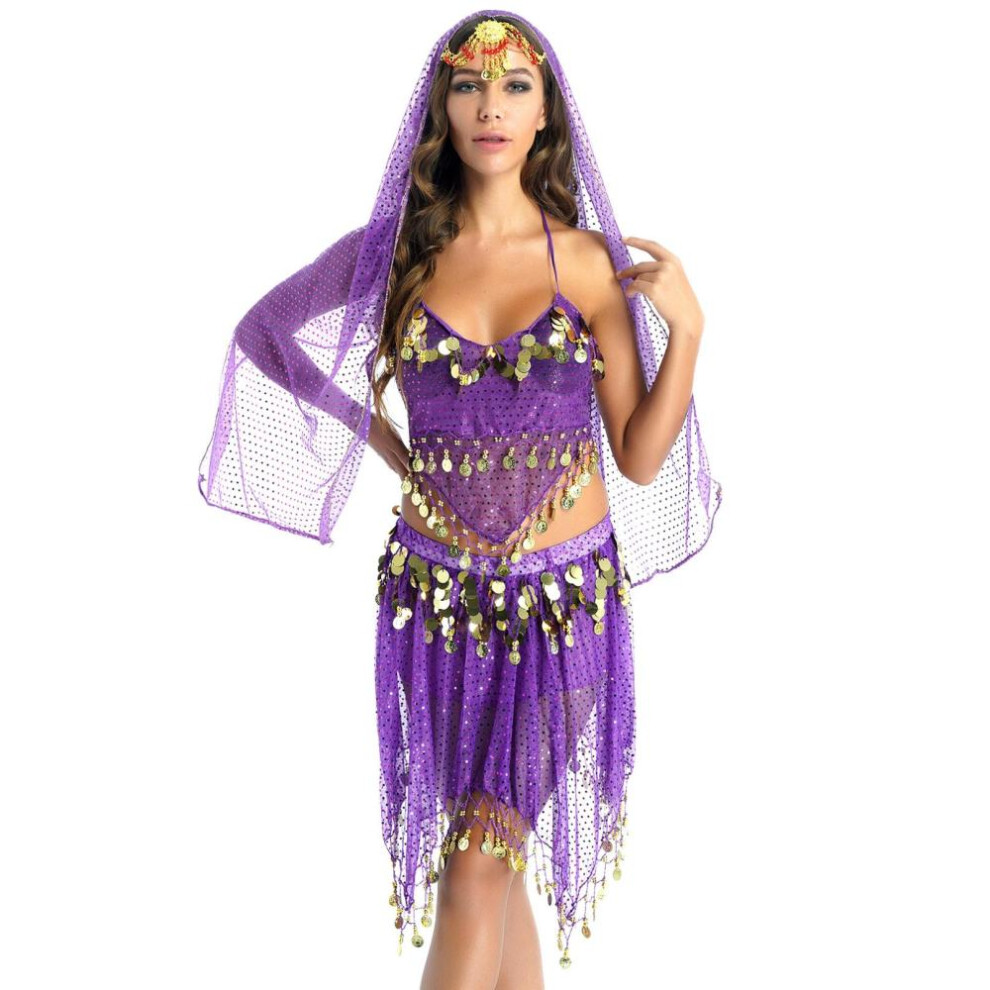 (purple) Women Sparkling Sequin Belly Dance Costume Tassels Outfits Halter Padded Bra Crop Top With Skirt Veil Headwear