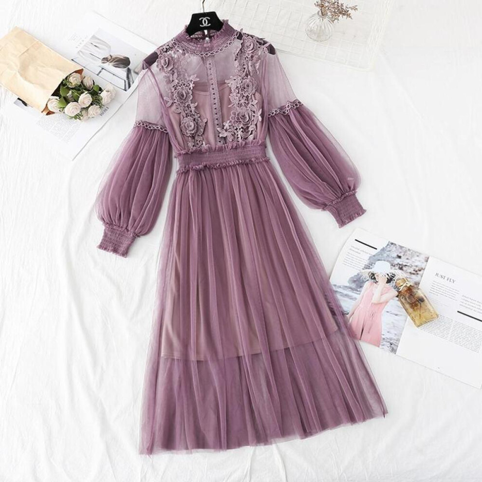 (purple, one size) Summer Dress Women Stand Collar Flower Embroidery Lantern Sleeved Candy Colors Mesh Women Dresses Vestidos
