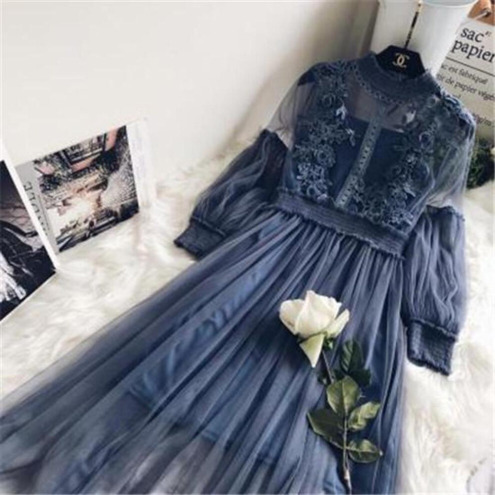 (blue, one size) Summer Dress Women Stand Collar Flower Embroidery Lantern Sleeved Candy Colors Mesh Women Dresses Vestidos