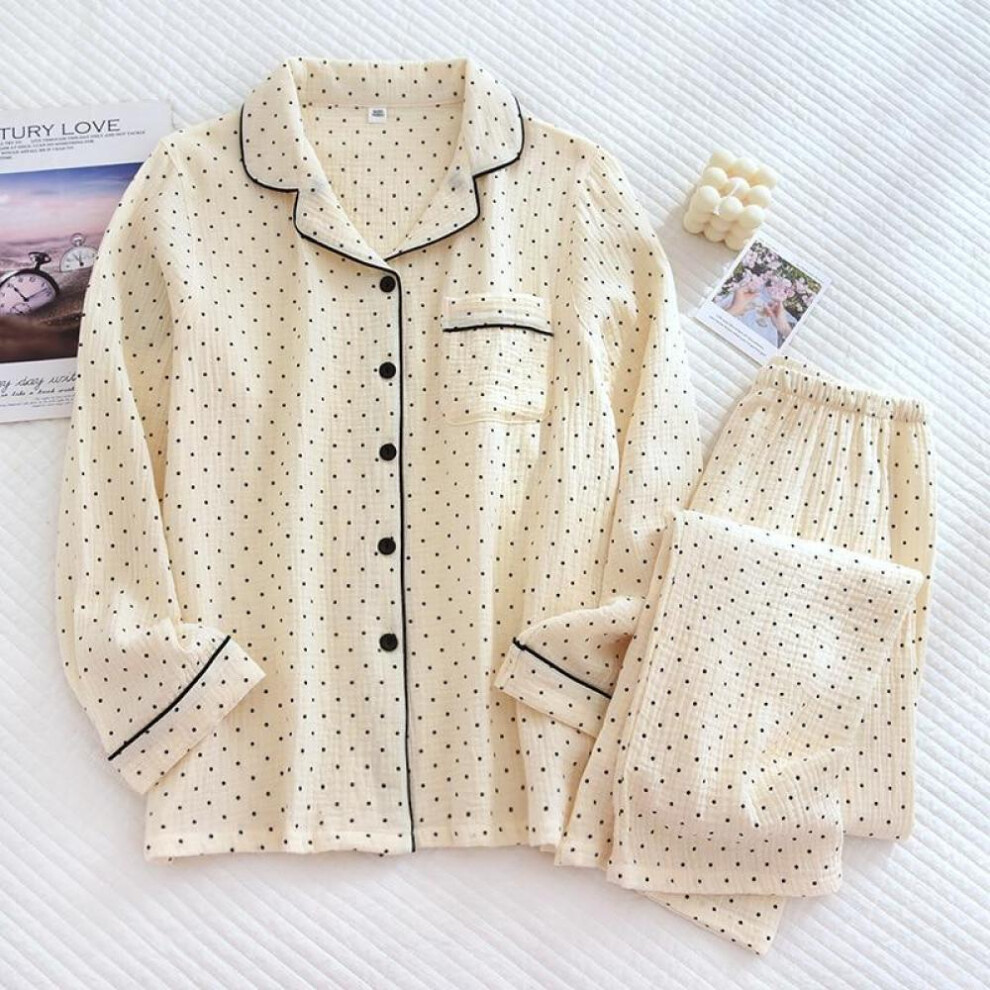 (beige, L) 2024 Spring And Autumn New Women's Pajama Set 100%cotton Crepe Long-sleeved Trousers Two-piece Polka Dot Cute Home Wear Thin Set