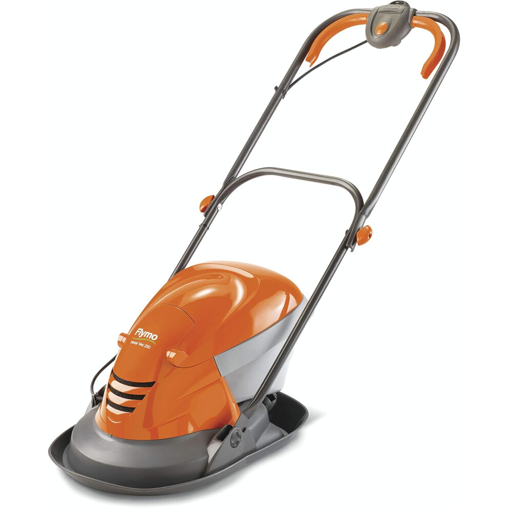 Hover Vac 250 Electric Hover Collect Lawn Mower - 1400W, 25cm Cutting Width, 15L Grass Box, Ambidextrous Handles, Folds Flat, Orange and Grey