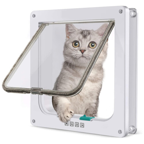 (White, M) Cat Door Small Pet Entry And Exit Security Gate On Doors And Windows