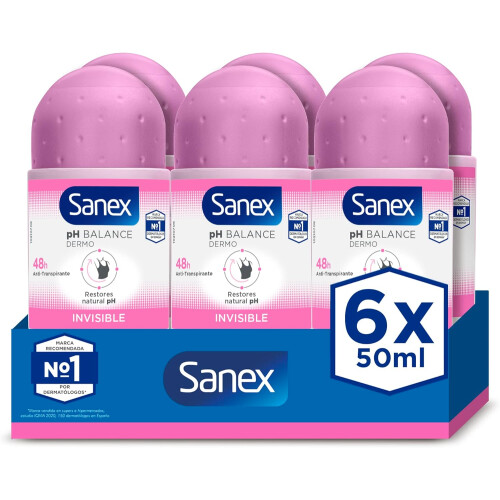 Sanex 6-Pack Sanex Dermo Invisible 50ml Roll On Antiperspirant Deodorant
