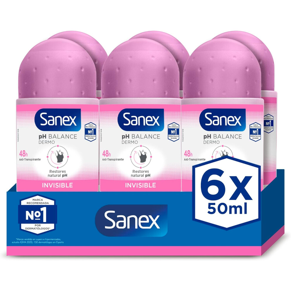 6-Pack Sanex Dermo Invisible 50ml Roll On Antiperspirant Deodorant