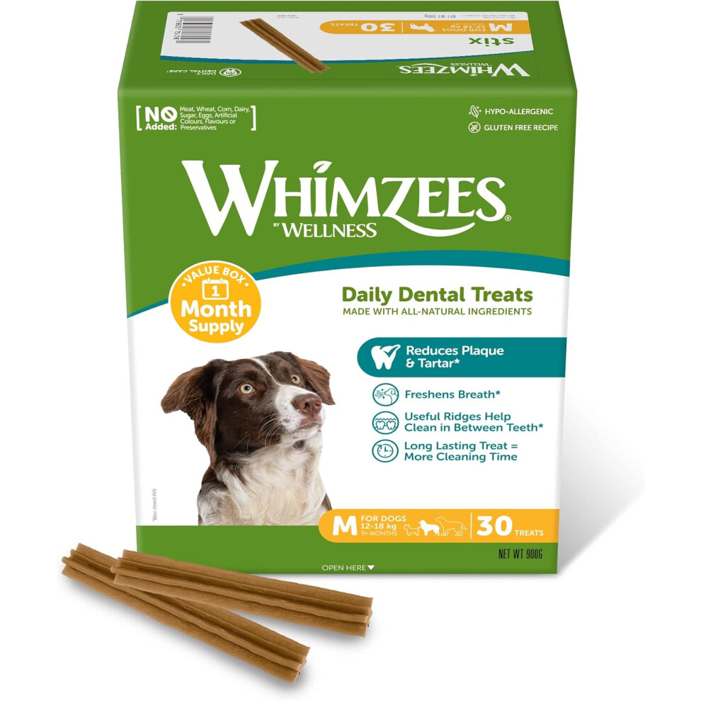 New Whimzees | -Free Dental Chews For Medium Breed Dogs | 30 Stix - Month Box Grain