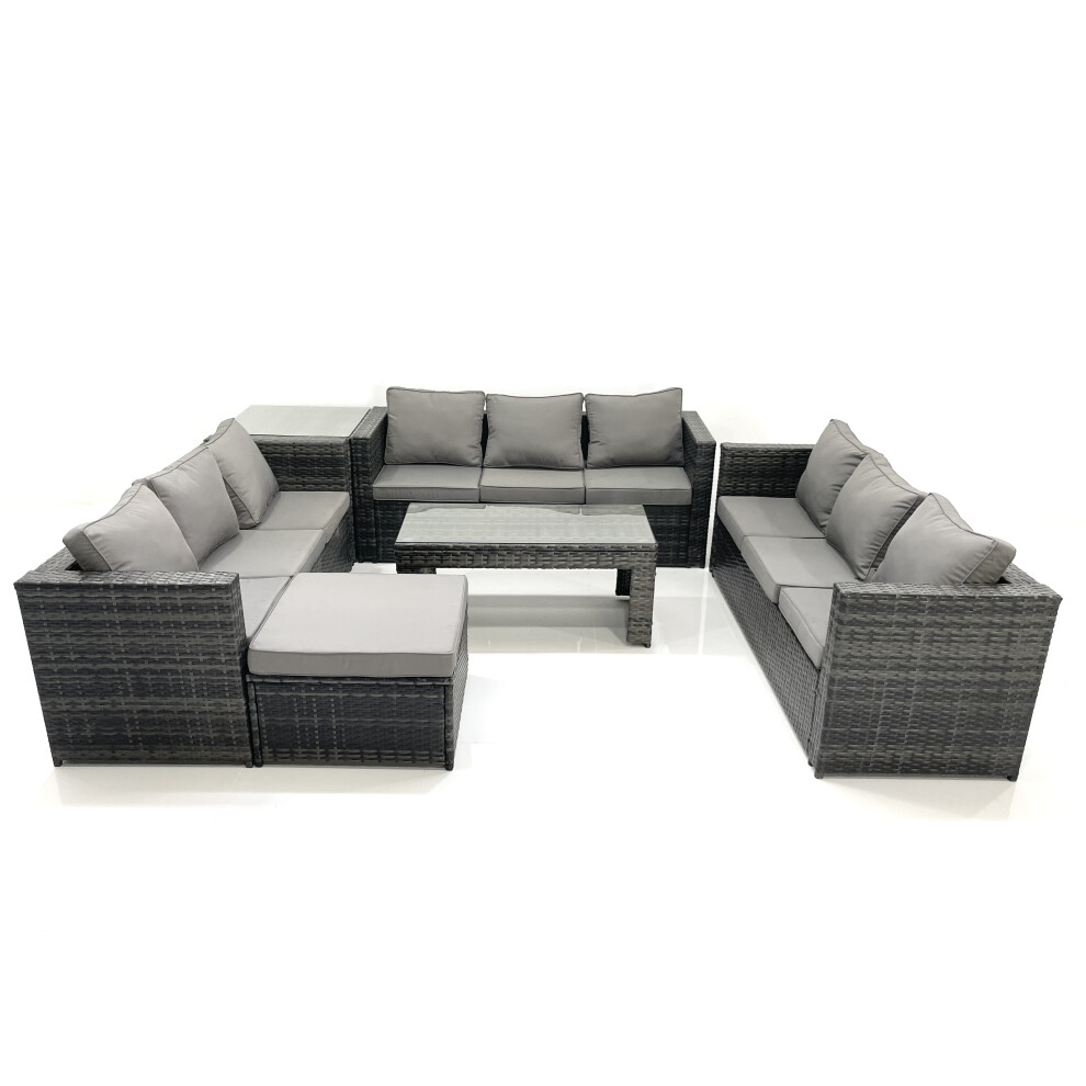 Fimous Outdoor Garden Furniture Set 10 Seater Rattan Sofa Set with Coffee Table Big Footstool Side Table Dark Grey Mixed