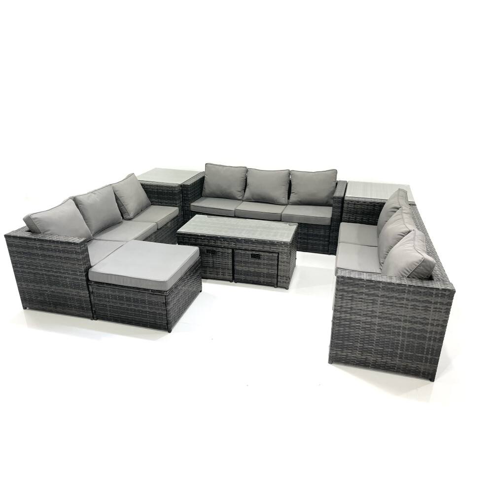 B&Q - Outdoor Garden Furniture Set 9 Pieces Rattan Sofa Set With Coffee Table 3 Footstools Side Table Dark Grey Mixed - Image 2