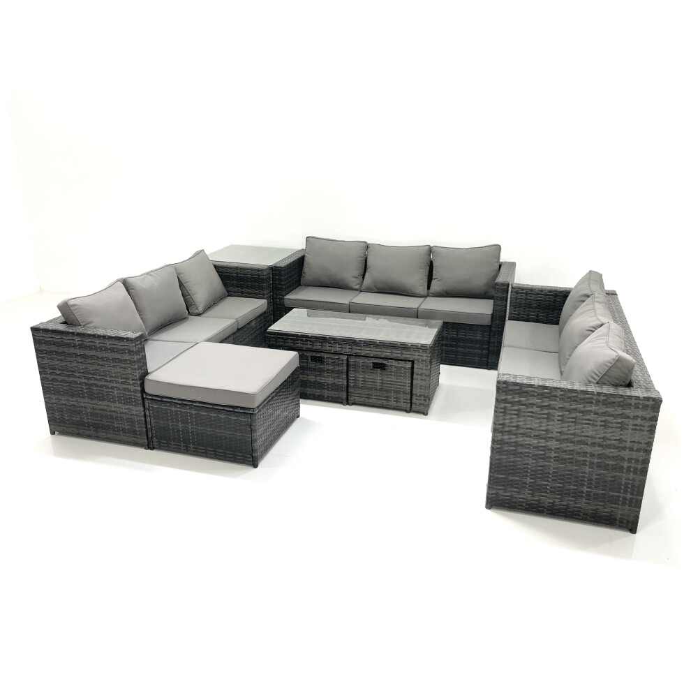 Fimous Outdoor Garden Furniture Set 8 Pieces Rattan Sofa Set with Coffee Table 3 Footstools Side Table Dark Grey Mixed