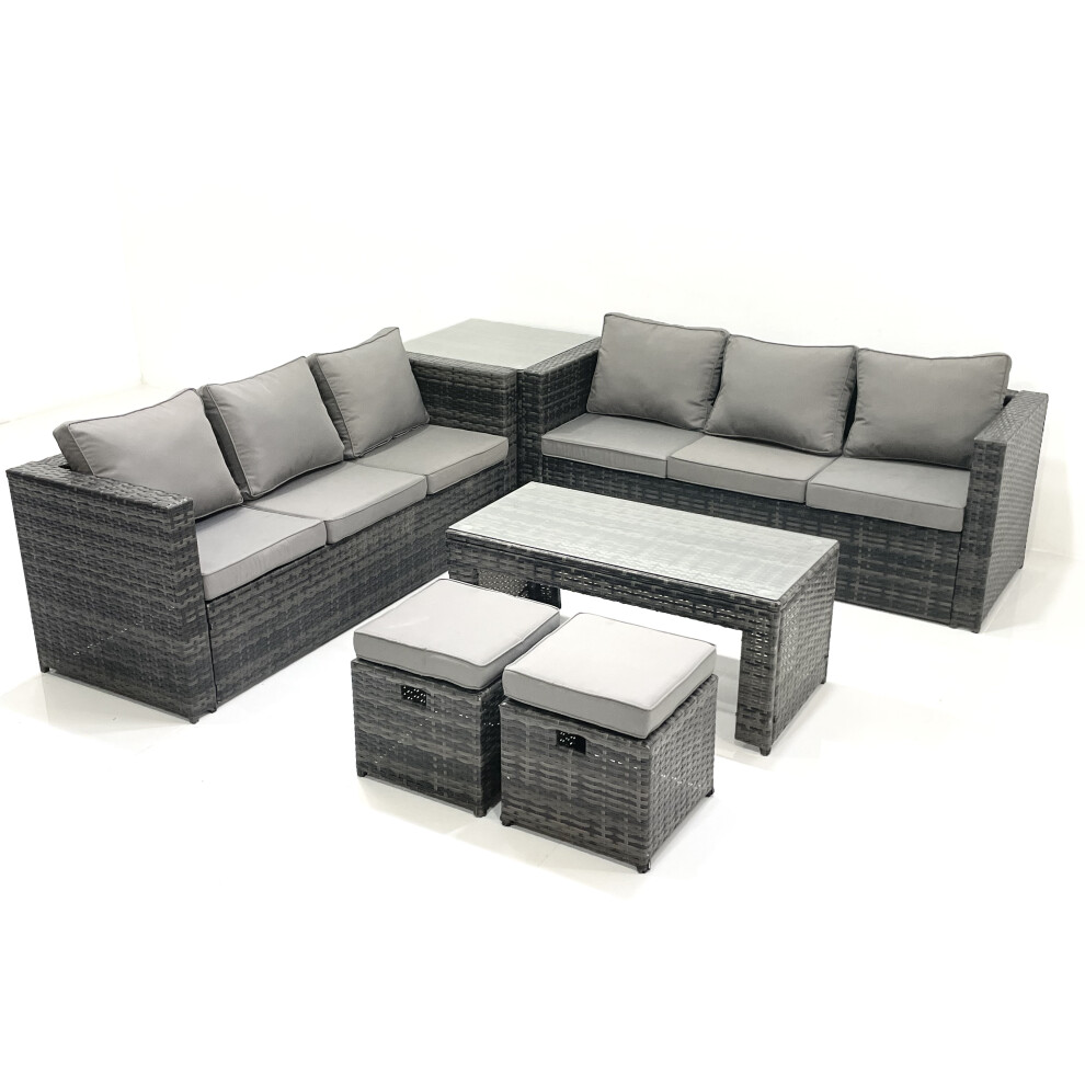 Fimous Unisex Dark Grey Garden Outdoor Rattan Furniture Set With Sofa Coffee Table 2 Footstools Side Table Mixed Small - Image 2