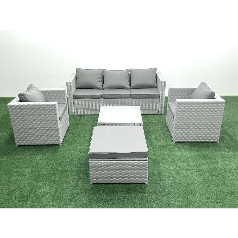 Fimous 6 Seater Rattan Garden Furniture Set with 3 Seater Sofa 2 Chair Square Coffee Table Big Footstool Light Grey Mixed