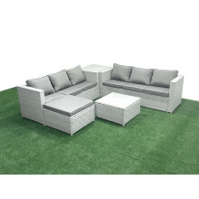 Fimous Rattan Garden Outdoor Furniture Set 7 Seater Rattan Garden Sofa Set with Big Footstool Side Table Light Grey Mixed
