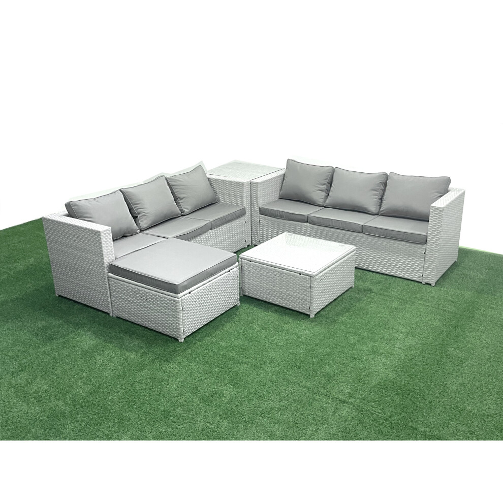 Fimous Rattan Garden Outdoor Furniture Set 7 Seater Rattan Garden Sofa Set with Big Footstool Side Table Light Grey Mixed