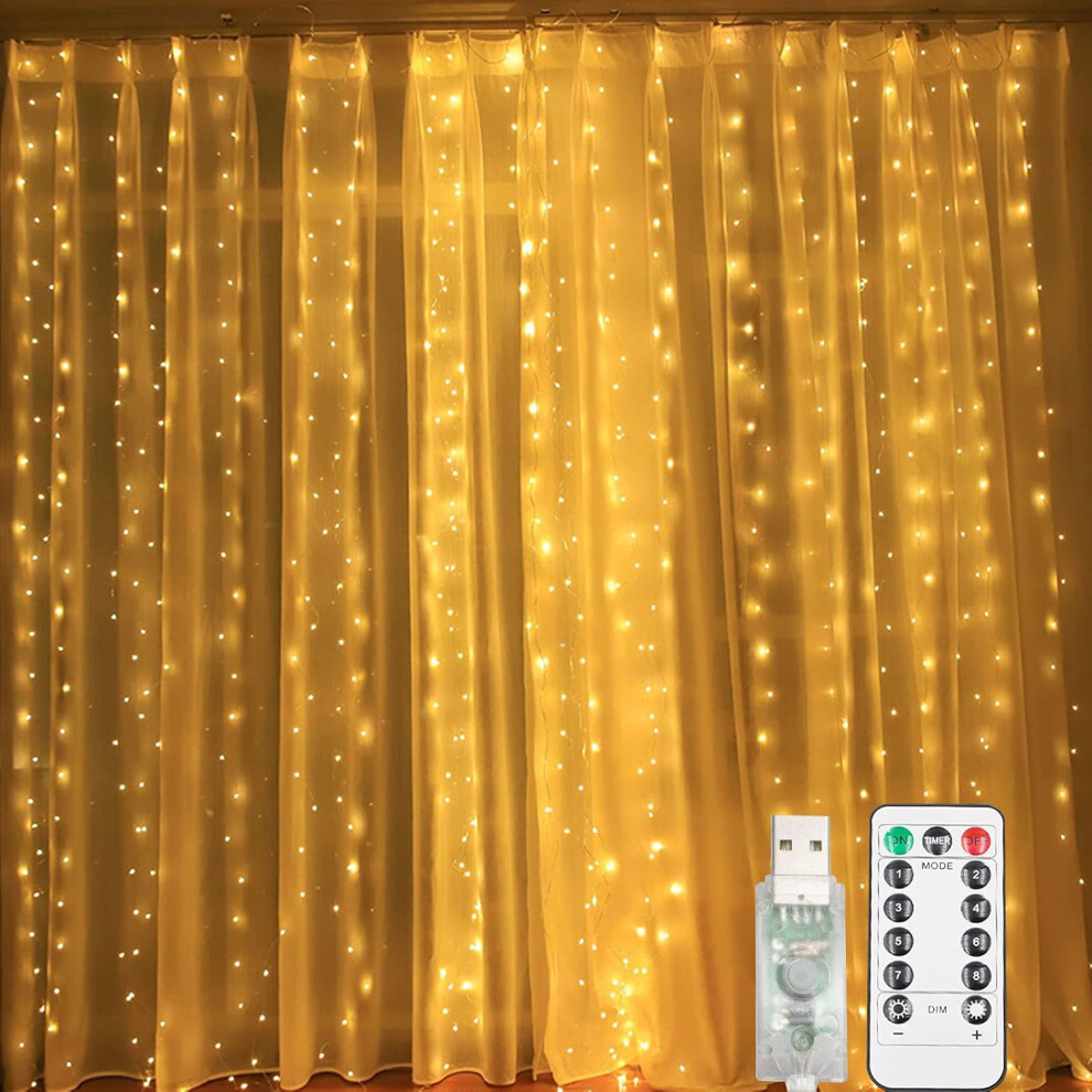 Yao96266 (Warm 3M*1M) Usb Curtain String Lights 8 Modes, Remote Control Waterproof For Window Decoration, Christmas, Wedding, Birthday White