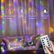 (Colorful Light, 3M*3M) Usb Curtain String Lights 8 Modes, Remote Control Waterproof For Window Decoration, Christmas, Wedding, Birthday