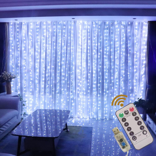 (Cold White, 3M*2M) Usb Curtain String Lights 8 Lighting Modes, With Hooks ,Remote Control Waterproof For Window, Christmas, Wedding, Birthday,